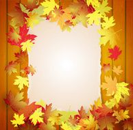 Autumn background with leaves wood boards and cardboard banner