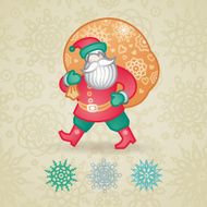 Jolly Santa Claus with a bag of gifts and snowflakes