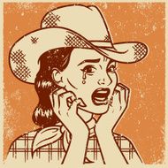 Retro Screen Print of a Crying Cowgirl