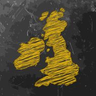 United Kingdom Map yellow sketched on dark chalkboard background