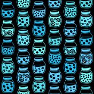 Fruit jam jars on a black background Seamless vector pattern
