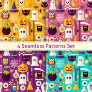 Four Vector Flat Seamless Scary Halloween Patterns Set