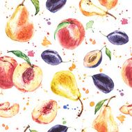 Seamless fruit pattern with Pear Peach Plum Watercolor painting