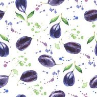 Seamless fruit pattern with Plum Watercolor painting