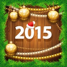 Happy New Year 2015 on Wooden Background with Christmas Baubles