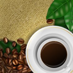 Burlap background with coffee beans leaves and cup of N2