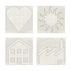 Four icons heart sun house factory