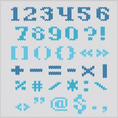 Knitted vector alphabet blue bold serif numbers and punctuation