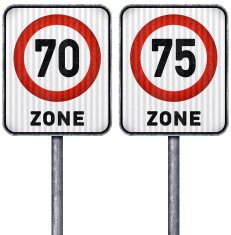 Two rectangular speed limit zone 70 and 75 road signs