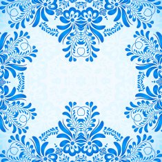 Blue greeting card template with floral pattern in gzhel style N3