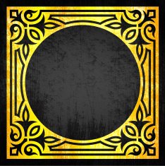 An abstract cube with gold fancy accents and black circle