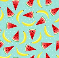 Bright summer fruits illustration on green mint polka dots background