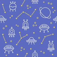 Seamless pattern with cute spaceships planet constellations and stars