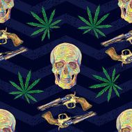 Seamless pattern with marijuana leaf old revolvers and skulls