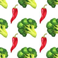 Watercolor seamless pattern with broccoli and red chili peppers