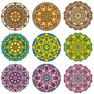 Set of colorful round ornaments kaleidoscope floral patterns N2