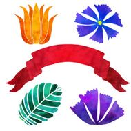 Watercolor flowers leaves ribbon