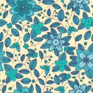 Blue seamless pattern of shrub with flowers and berries