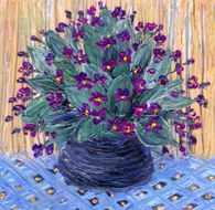 Still life oil Delicate bouquet of violets in dark vase