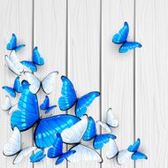 Blue butterflies on wooden background