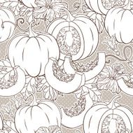Vector botanical pattern with isolated pumpkins flowers and leaves N8