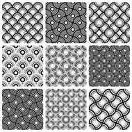 Circles black and white geometric seamless patterns set vector