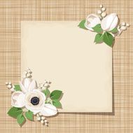 Vector card with white flowers on a sacking background Eps-10