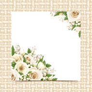 Card with white flowers on a wicker background Vector eps-10