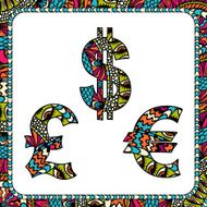 Dollars euro and pound with ethnic motifs