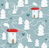 Winter seamless pattern with houses trees and rabbits