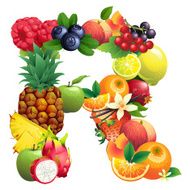 Letter R composed of different fruits with leaves