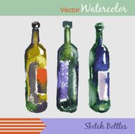 Vector watercolor sketch wine bottles retro styled