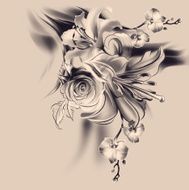 Flowers drawn in pencil and watercolor on beige paper