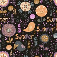 Seamless summer pattern with flowers birds and hearts