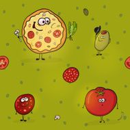 Seamless pattern with cartoon pizza and tomato