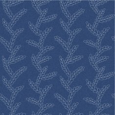 Embroidery with white stitch branches on dark blue jeans background