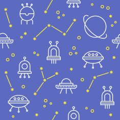 Seamless pattern with cute spaceships planet constellations and stars