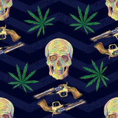Seamless pattern with marijuana leaf old revolvers and skulls