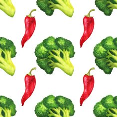 Watercolor seamless pattern with broccoli and red chili peppers