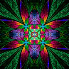 Symmetrical multicolored flower pattern in stained-glass window N15