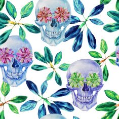 Retro seamless pattern watercolor skull and succulent plants N2
