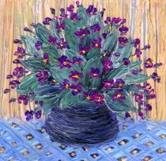 Still life oil Delicate bouquet of violets in dark vase