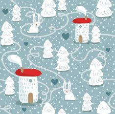 Winter seamless pattern with houses trees and rabbits
