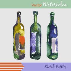 Vector watercolor sketch wine bottles retro styled