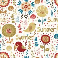 Seamless pattern with flowers birds and hearts