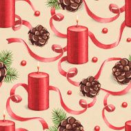Watercolor Christmas pattern with candle and pine cone illustrations