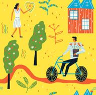 Girl in love and man on a bicycle with flowers
