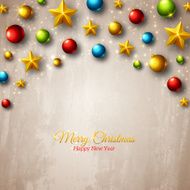 Christmas colorful balls and golden stars on bright textured background