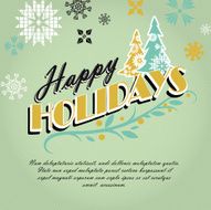 Kitschy vintage Happy Holidays greeting design with trees