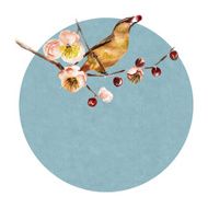 Watercolor background with the branch of flowers and bird N2